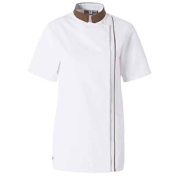 Veste de cuisine femme manches courtes ajik Moline vue de face blanc col marron