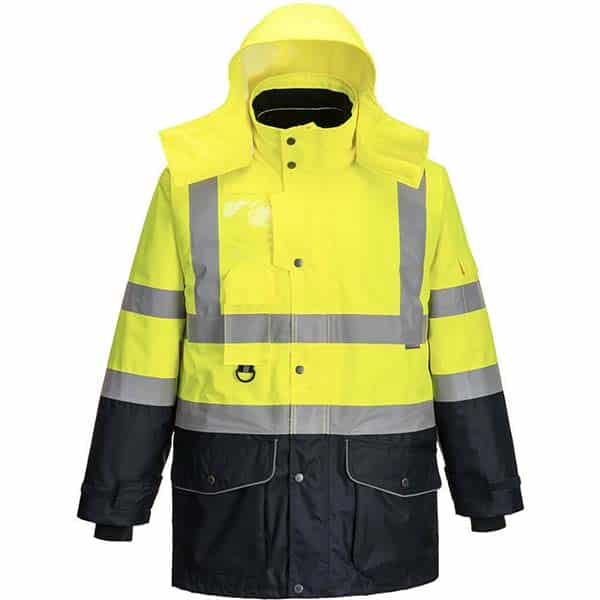 Veste de travail Haute-Visibilité Traffic Contrast 7 en 1 jaune : bleu Marine Portwest vue de face