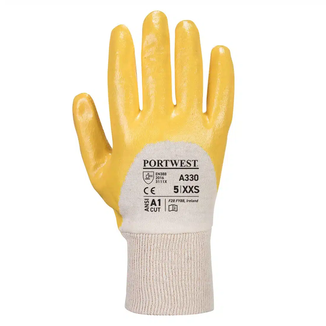 Gants de travail Nitrile dos aéré poignet tricot Portwest jaune vue de dessus