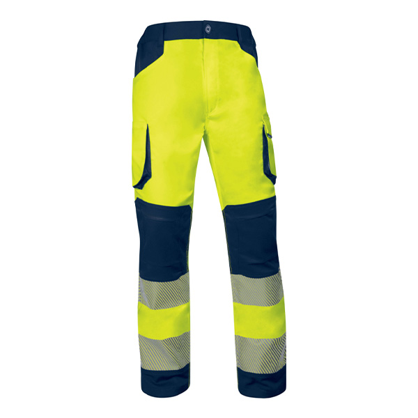 Pantalon de visibilité multipoches stretch Delta Plus vue de face jaune fluo bleu marine